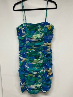 Calvin Klein Blue & Green Ruched Floral-Print Mini Dress